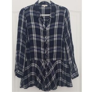 Jane and Delancey Navy Blue White Plaid Peplum Button Down Shirt Womens 1X Rayon